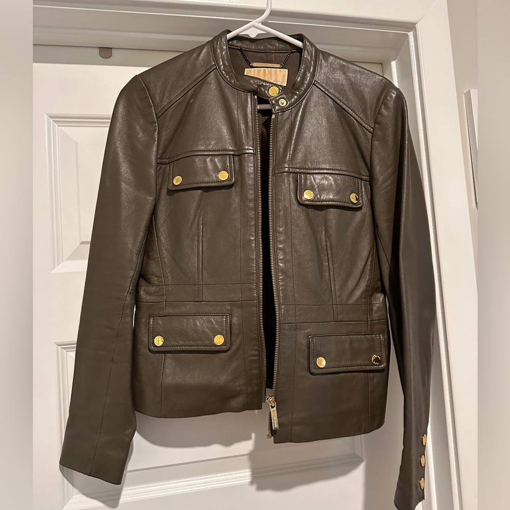 Michael Kors leather jacket olive green size 8